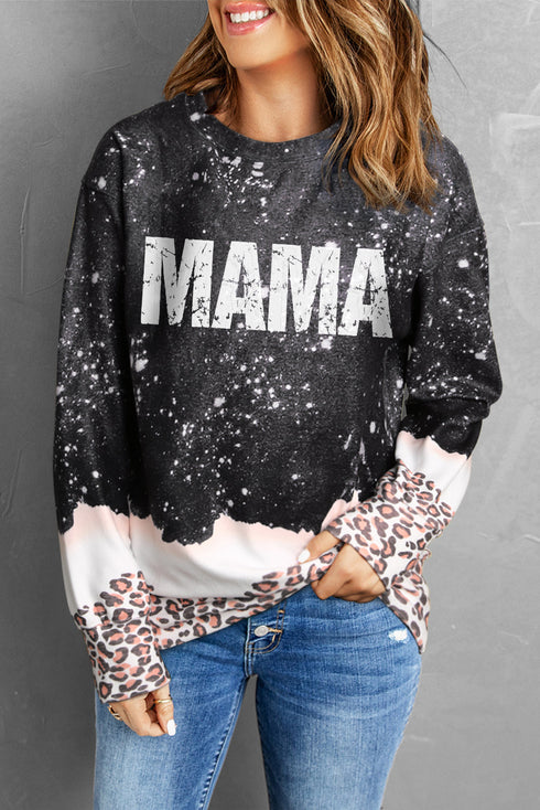 Black Mama Bleached Leopard Trim Pullover Sweatshirt